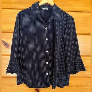 Blair Navy & White Button Down Polka Dot Blouse ruffled sleeves Large L